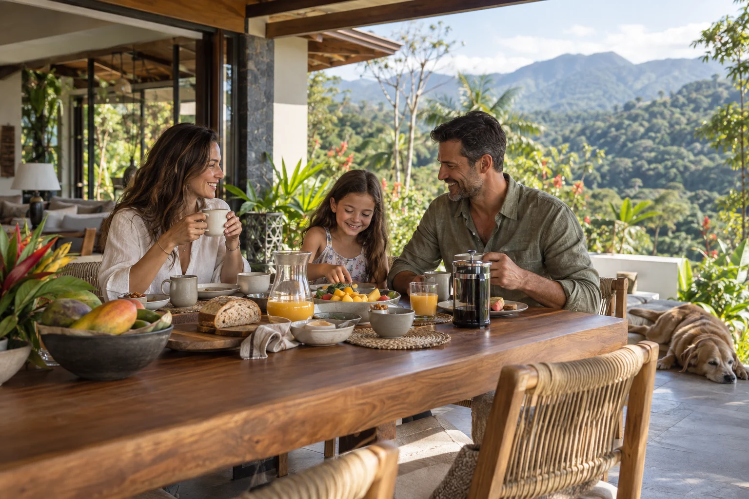 Illustrative family breakfast overlooking a tropical mountain garden